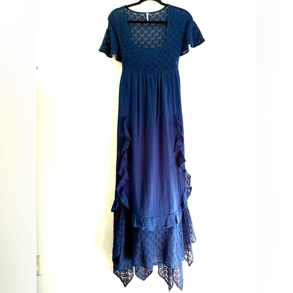 Free People Bring the Romance Handkerchief Hem Lace Maxi Dress in Navy Blue - S - Picture 13 of 13